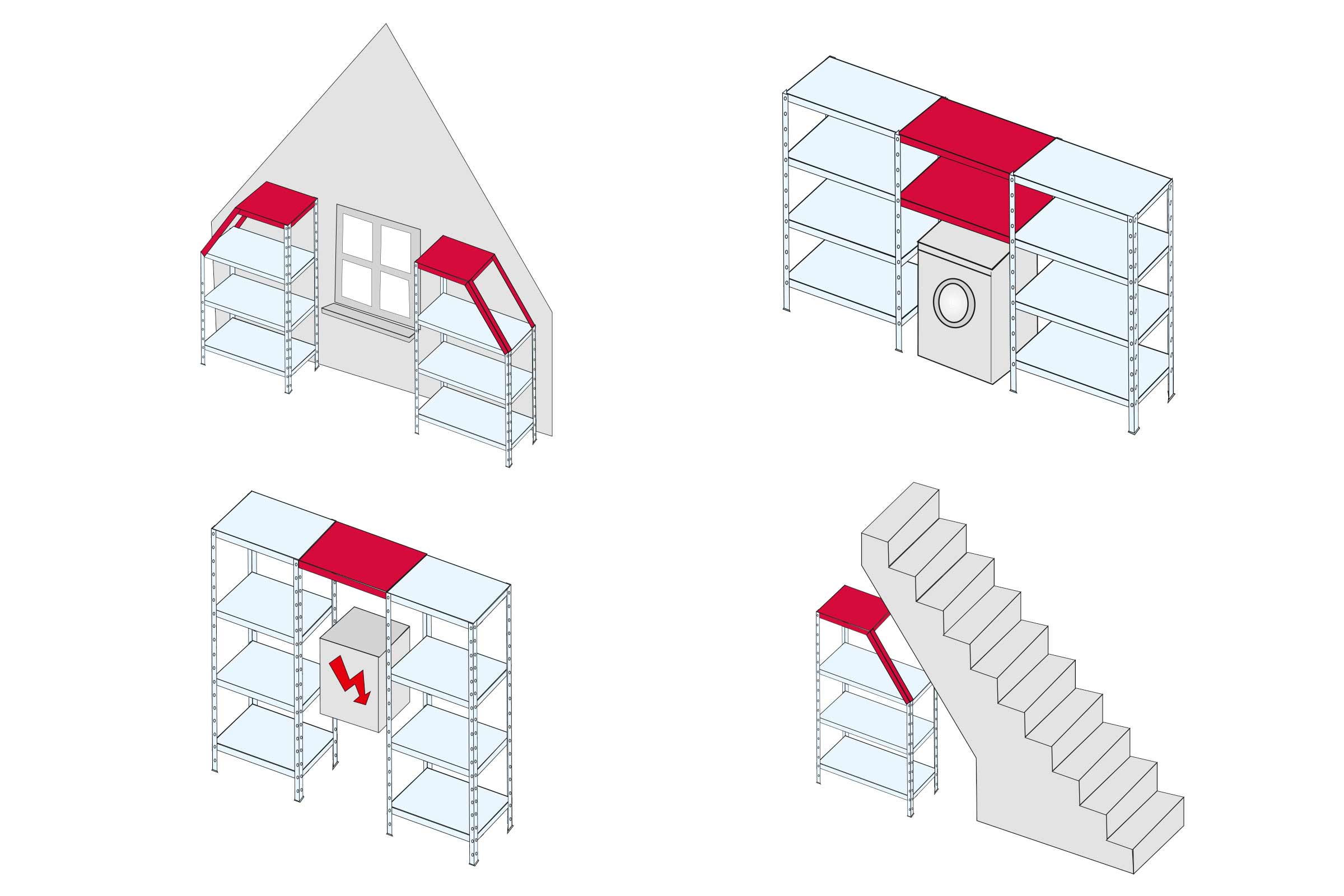 Illustrationen zeigen verschiedene Regalkonfigurationen für Dachschrägen, Waschmaschinen und Treppen.