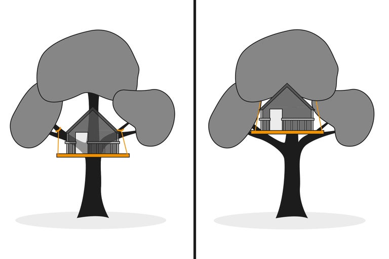 Illustration d'une cabane dans les arbres avec plateforme et suspension par câble