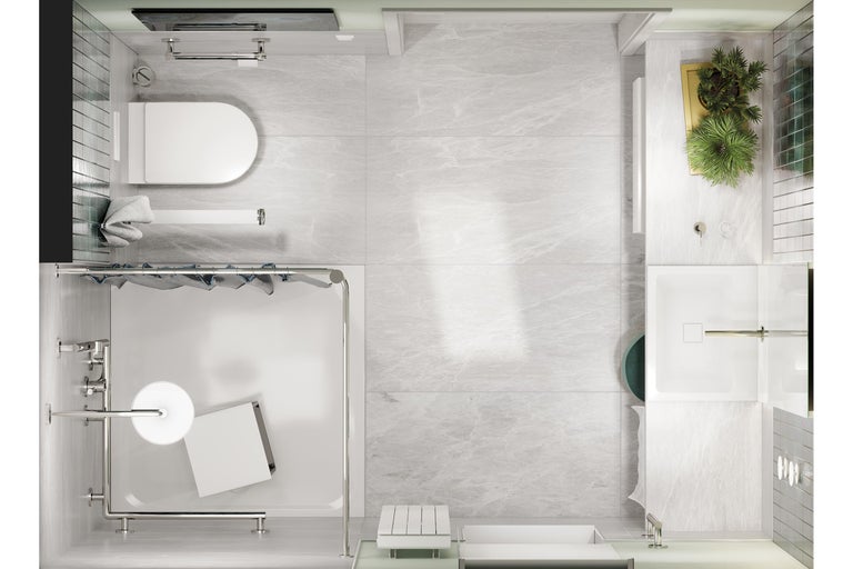 Draufsicht eines Badezimmers mit Toilette, Dusche und Waschbecken