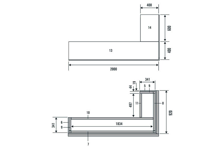 Technische Zeichnung einer Arbeitsplatte mit Maßen