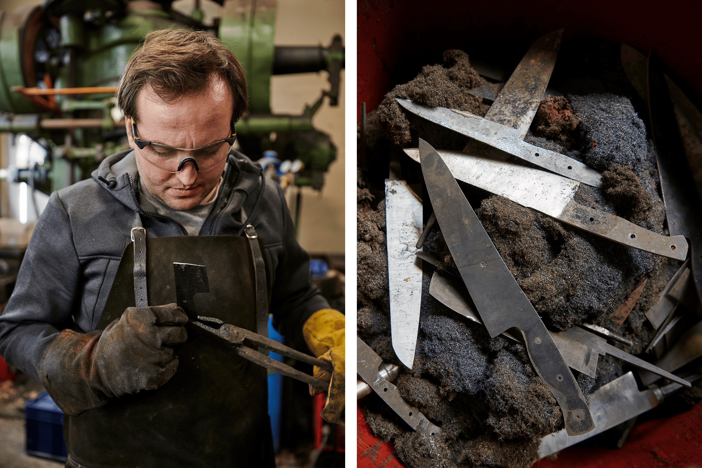 Ein Mann in Schutzkleidung bearbeitet ein Messer mit einer Zange, daneben eine Sammlung von Rohlingen und Schleifwolle.