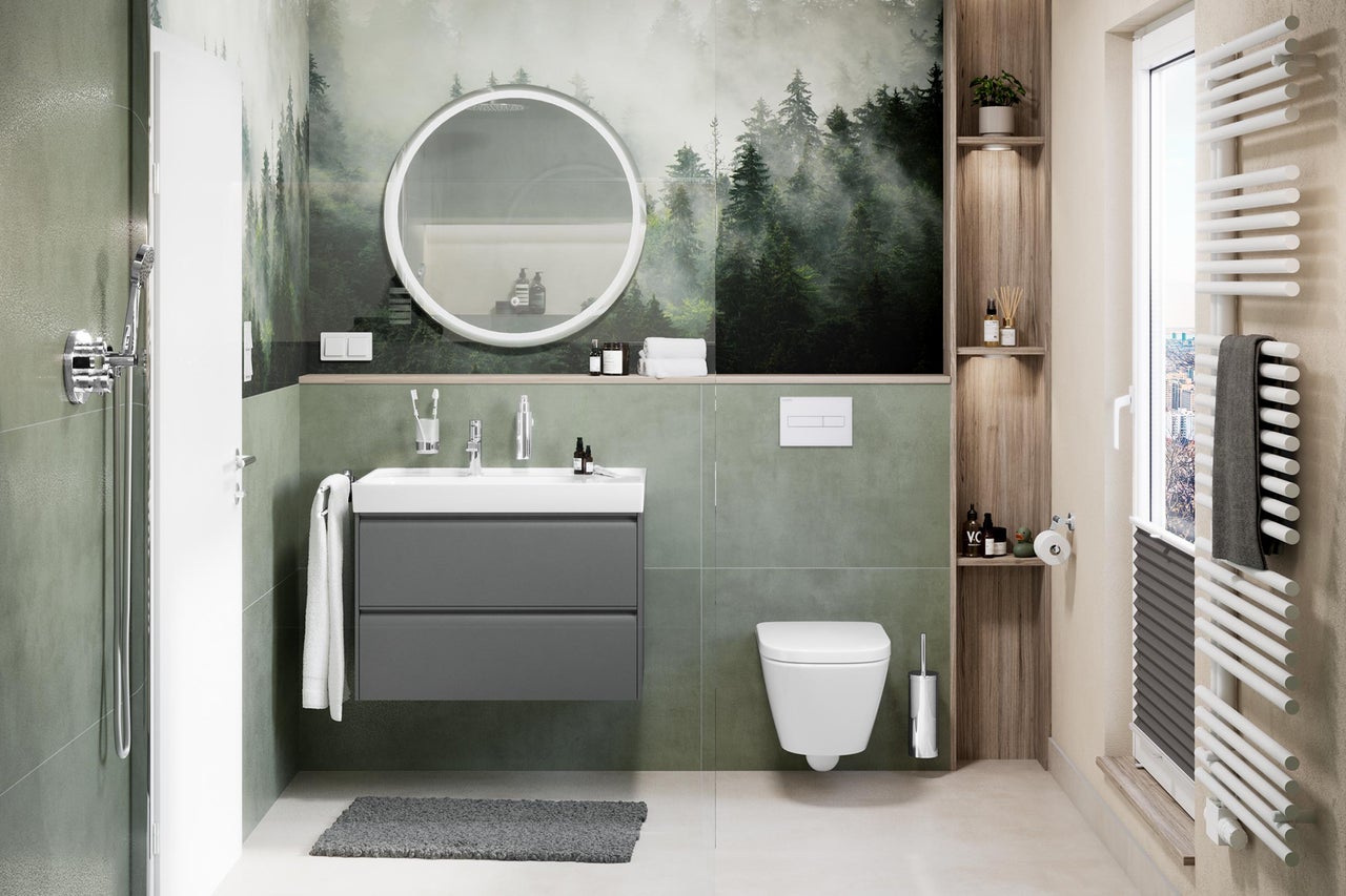 Salle de bain moderne avec lavabo, miroir, toilettes et radiateur