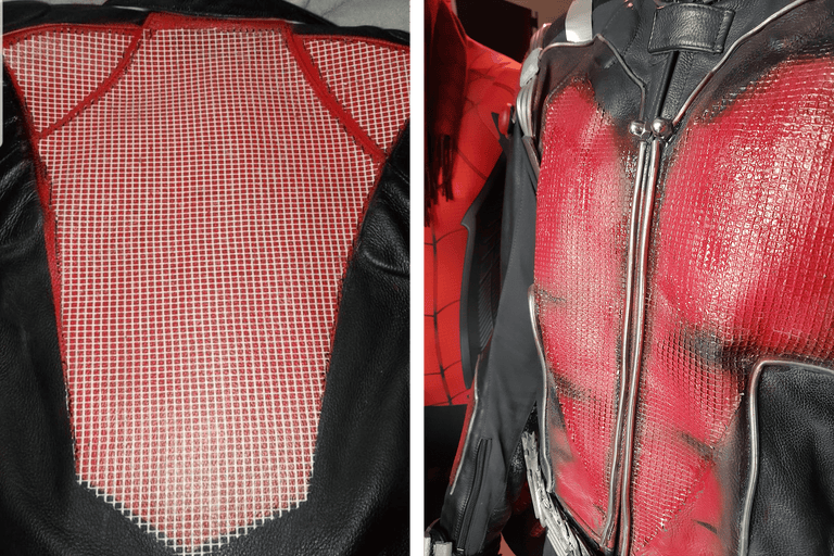 Detailaufnahme einer Jacke mit schwarzem Leder und rotem Netzstoff