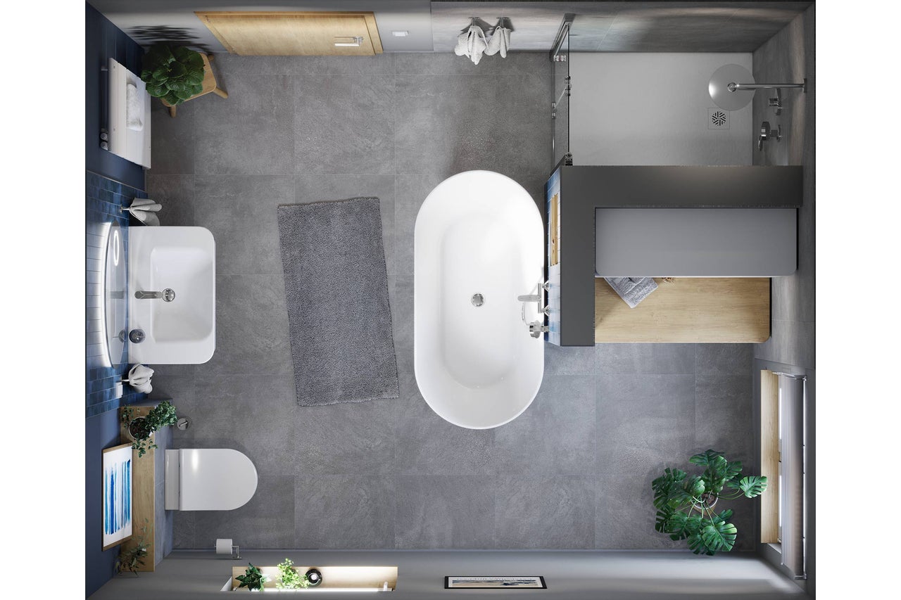 Vue plongeante d'une salle de bains avec baignoire, lavabo, WC et douche