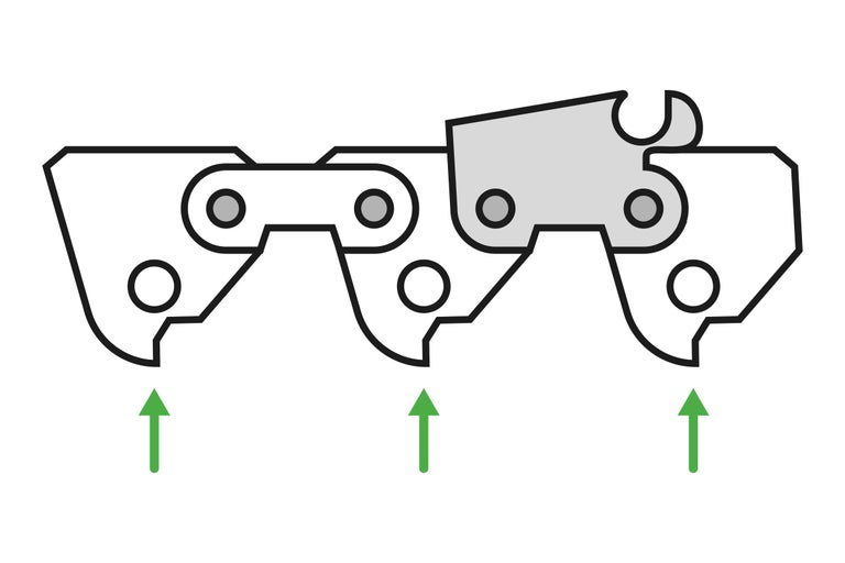 Vue détaillée de la chaîne de tronçonneuse avec des flèches indiquant le sens de coupe