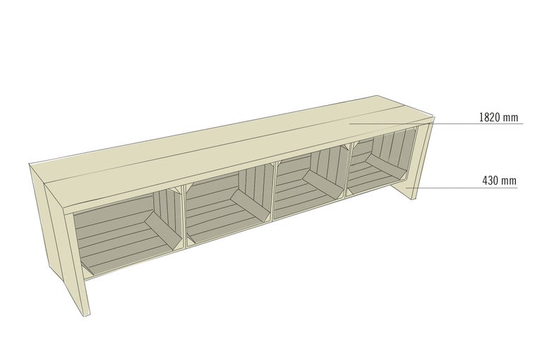 Représentation d'un système d'étagères en bois mesurant 1820 mm sur 430 mm.