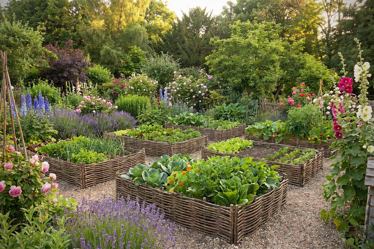 Strukturierter Gemüsegarten mit Hochbeeten aus geflochtenem Weidenholz, bepflanzt mit Salat und Kräutern, umgeben von Blumenbeeten und Bäumen.