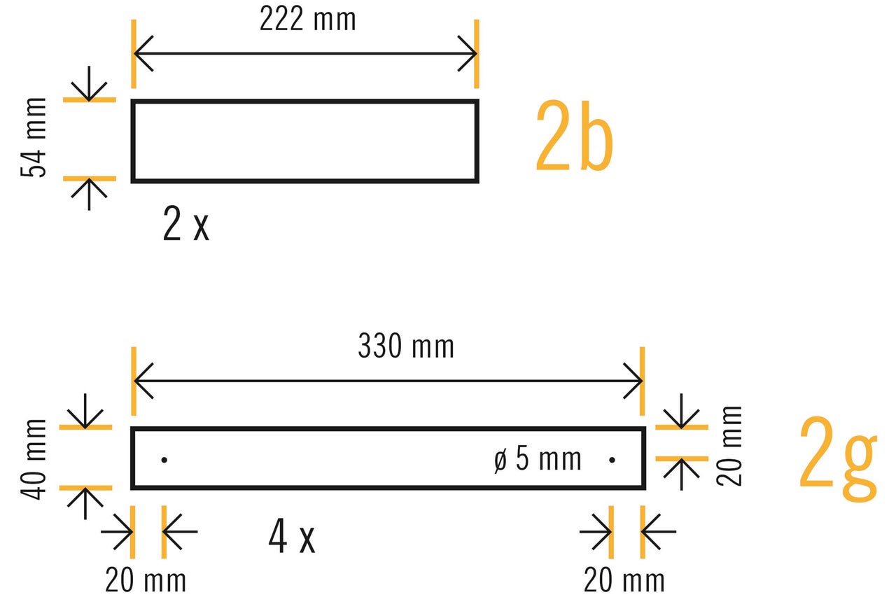Schéma technique avec les dimensions des articles 2b et 2g