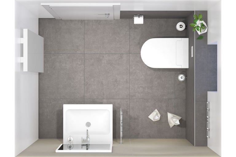 Vue de dessus d'une salle de bain avec douche, lavabo, toilettes et carrelage gris