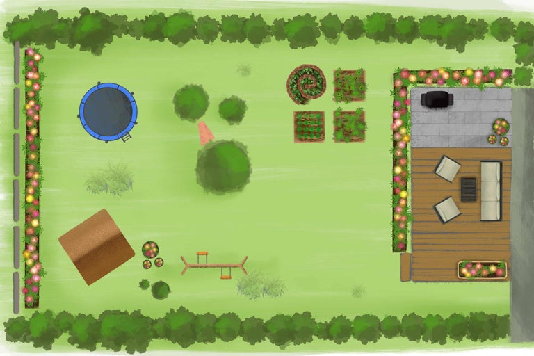Vue de dessus d'un jardin avec terrasse, trampoline, aire de jeux et potagers