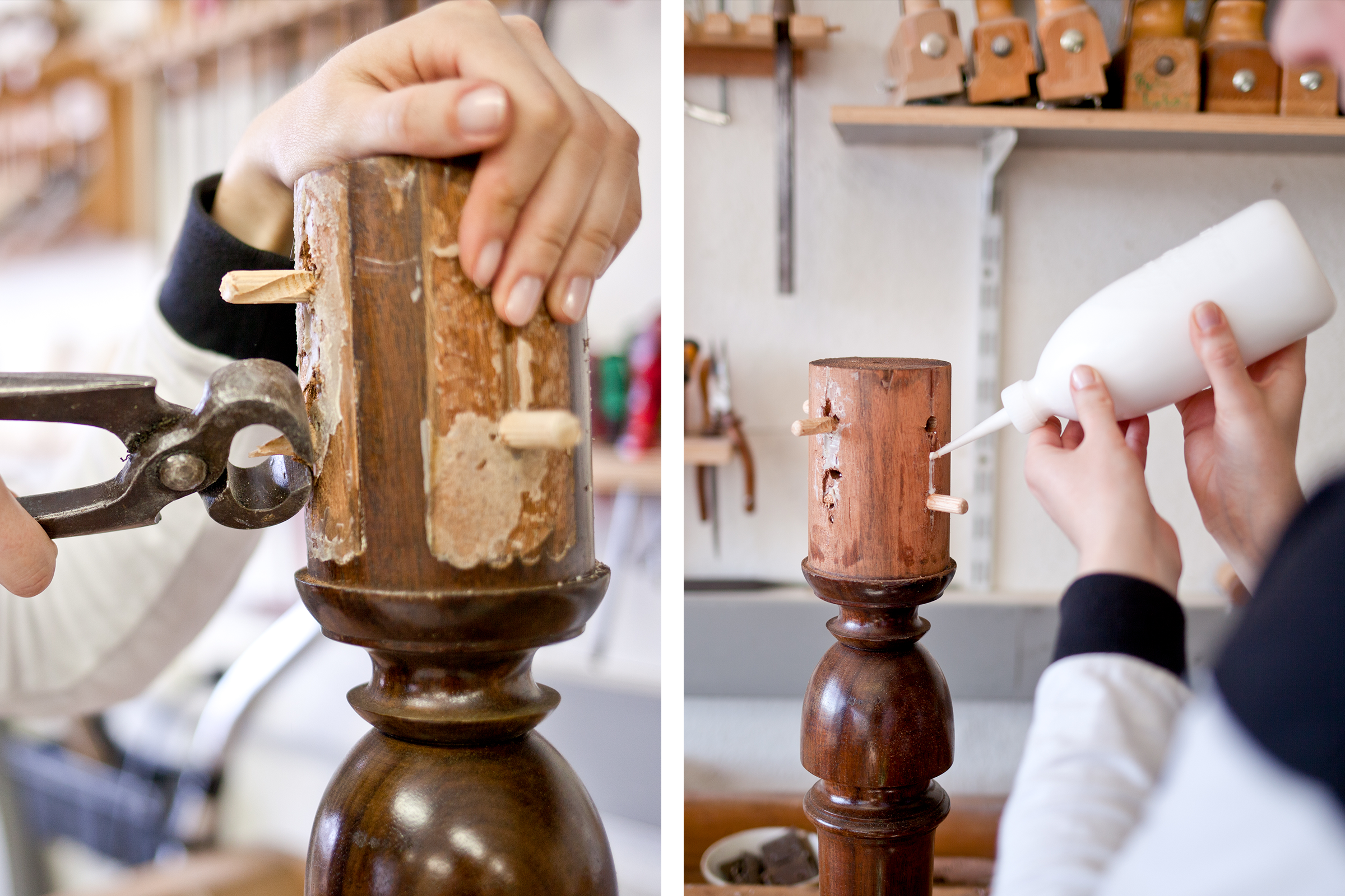 Reparatur eines Holzgegenstandes mit Holzdübeln und Zange