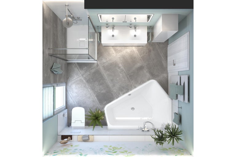 Vogelperspektive eines Badezimmers mit Dusche, Waschbecken, Toilette und Badewanne