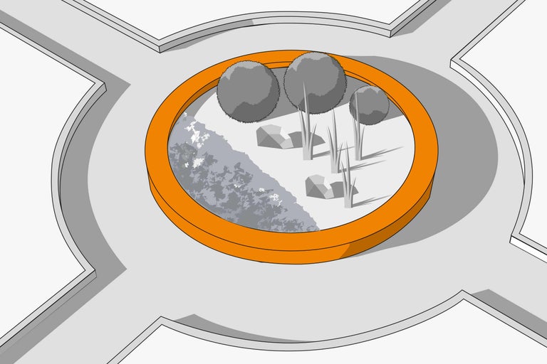 Kreisverkehr mit Bäumen und Bepflanzung