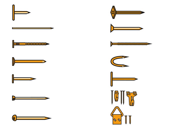 Verschiedene Nagel- und Aufhängevorrichtungen für Bilderrahmen