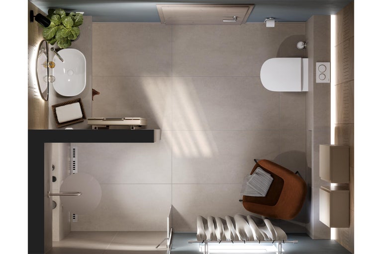 Draufsicht auf ein helles Badezimmer mit Toilette, Waschbecken, Handtuchwärmer und Sessel