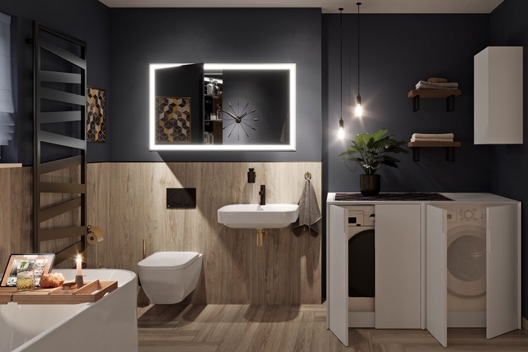 Salle de bains moderne avec baignoire, lavabo, toilettes, miroir éclairé et machine à laver