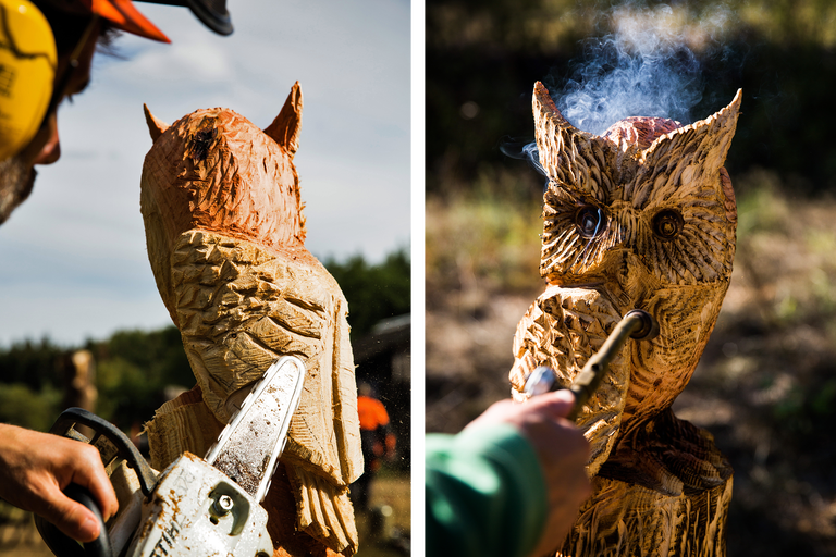 Un homme sculpte un hibou en bois à la tronçonneuse et au fer à souder