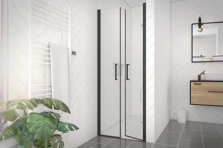 Salle de bains avec douche, meuble sous-lavabo et radiateur