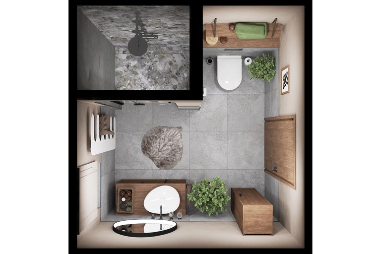 Vue de dessus d'une salle de bains avec douche à l'italienne, WC, meuble vasque en bois, plantes et carrelage aspect pierre naturelle.