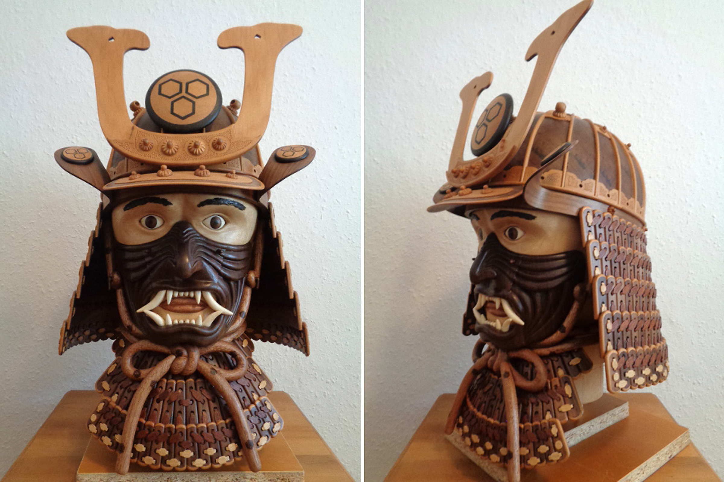 Samurai Helm aus Holz, Front- und Seitenansicht