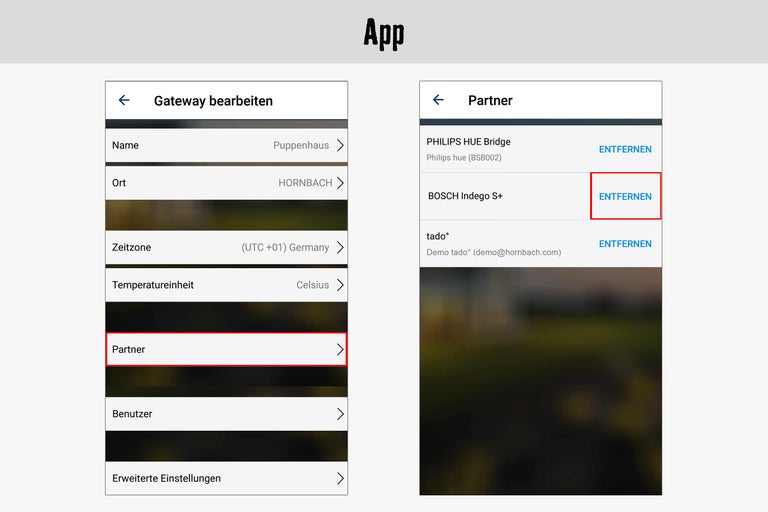 Vue de l'application pour modifier les paramètres de la passerelle et du partenaire