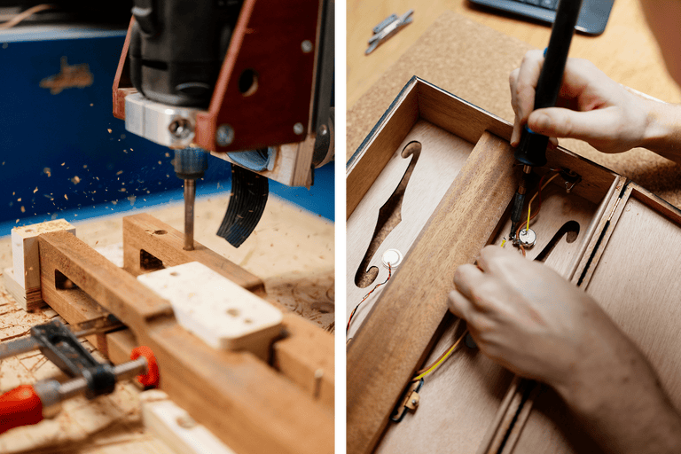 Zwei Bilder zeigen Holzbearbeitung: CNC-Fräse in Aktion und Lötarbeiten an einer Holzkiste.
