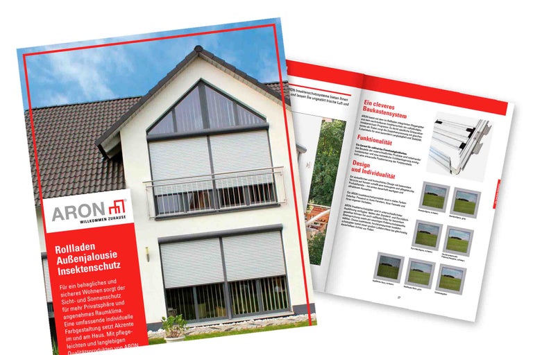 Produktbroschüre für ARON Rollladen, Aussenjalousien und Insektenschutz an einem Haus.