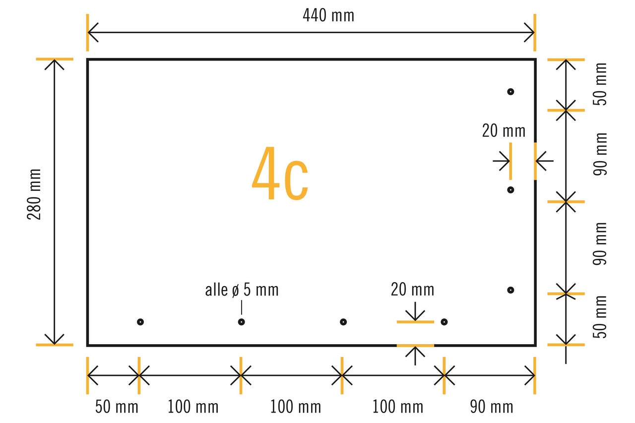 Abmessungen des Produkts, Länge 440 mm, Höhe 280 mm