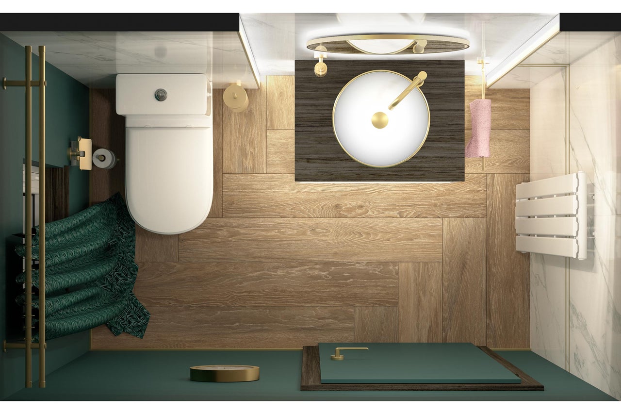 Draufsicht eines Badezimmers mit Toilette, Waschbecken, Dusche und Heizkörper