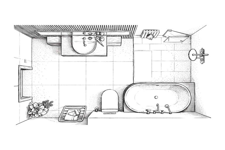 Draufsicht auf ein Badezimmer mit Waschbecken, Toilette und Badewanne