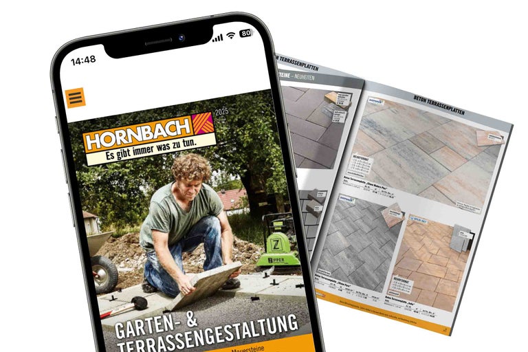 Smartphone avec catalogue Hornbach d'aménagement de jardins et terrasses 2025 et catalogue de dalles de terrasse en béton