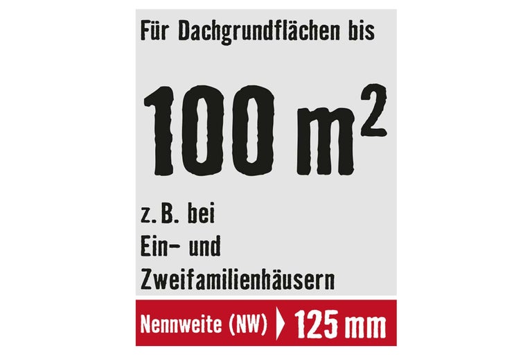 Convient aux surfaces de toit jusqu'à 100 mètres carrés, par exemple pour les maisons individuelles et bifamiliales, largeur nominale 125 millimètres