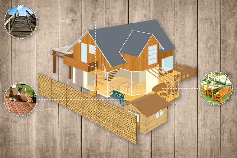 Illustration d'une maison avec jardin, terrasse, clôture et mobilier de jardin