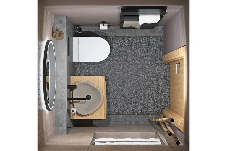 Vogelperspektive eines Badezimmers mit Toilette, Waschbecken, Spiegel und Handtuchwärmer