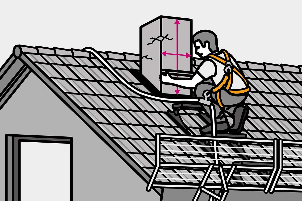 Illustration zeigt einen Mann mit Sicherheitsgurt auf einem Gerüst vor einem Hausdach mit Schornstein
