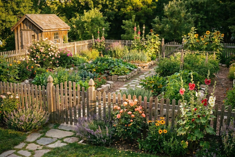 Organisierter Bauerngarten mit einem Gartenhaus aus Holz, einem Holzzaun, einem Steinpfad sowie verschiedenen Blumen und Gemüsepflanzen.