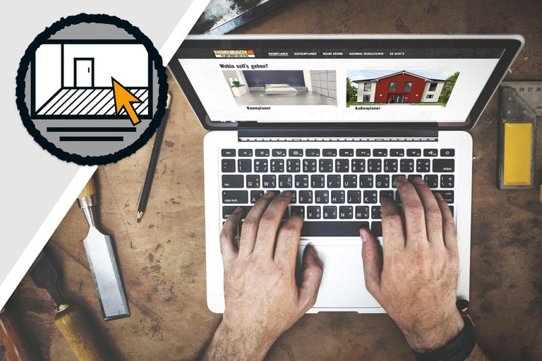 Ordinateur portable avec le site web Hornbach et les mains sur le clavier, outils sur la table