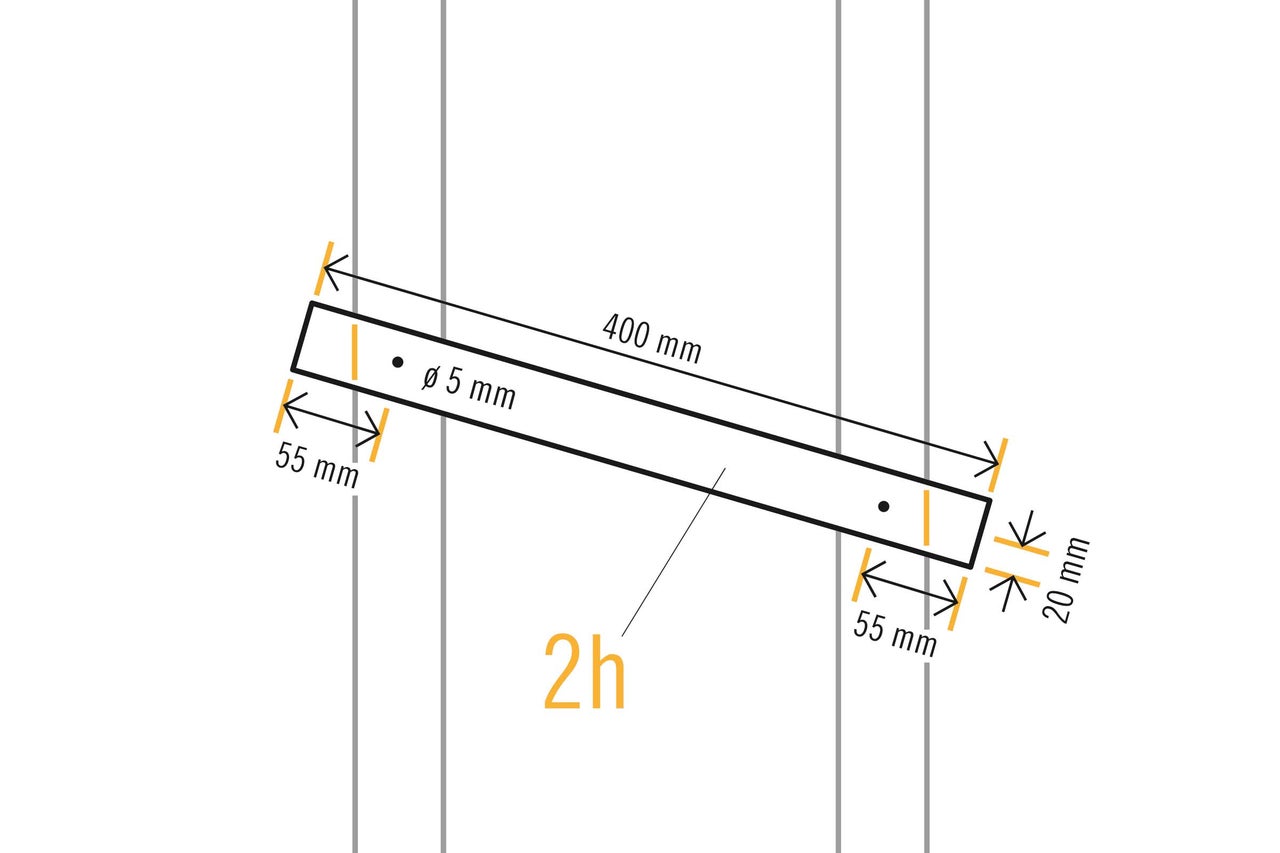 Dessin technique avec cotes pour un élément de construction en bois : longueur de 400 mm, écartement de 55 mm, largeur de 20 mm et diamètre de perçage de 5 mm