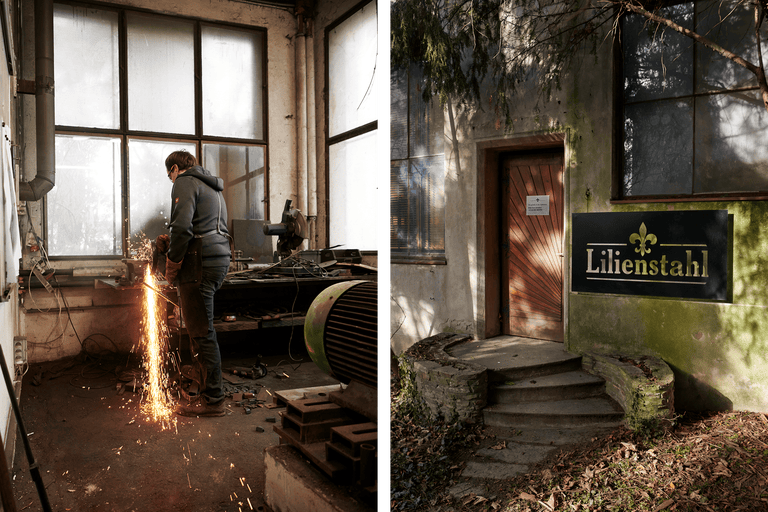 Foto des Lilienstahl-Gebäudes mit Einblick in die Werkstatt und Blick auf den Eingangsbereich.