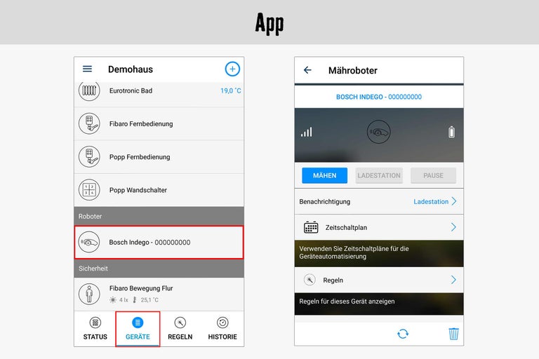 Vue de l'application avec les commandes d'un robot tondeuse Bosch Indego