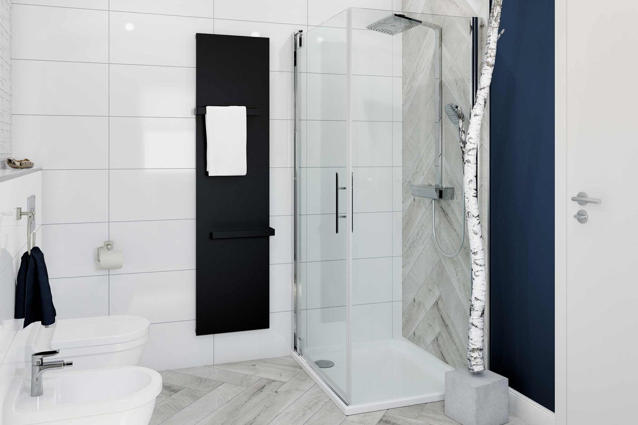 Salle de bain moderne avec douche, radiateur sèche-serviettes et articles sanitaires