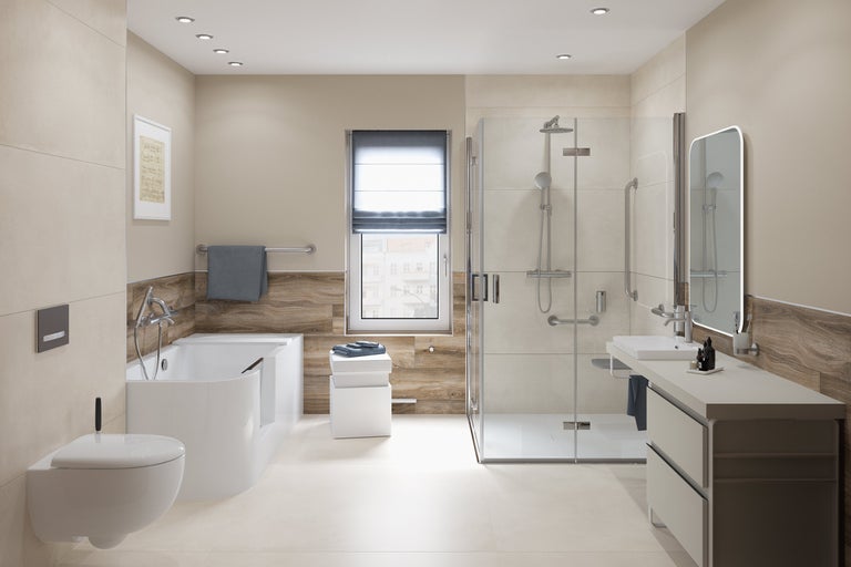 Salle de bains lumineuse avec baignoire, toilettes, lavabo et douche pour un design de salle de bains moderne