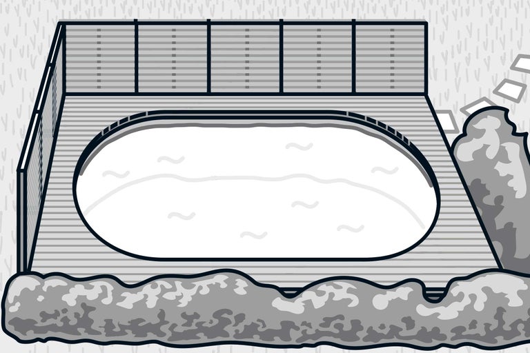 Draufsicht einer Poollandschaft mit Pool, Umrandung und Bepflanzung