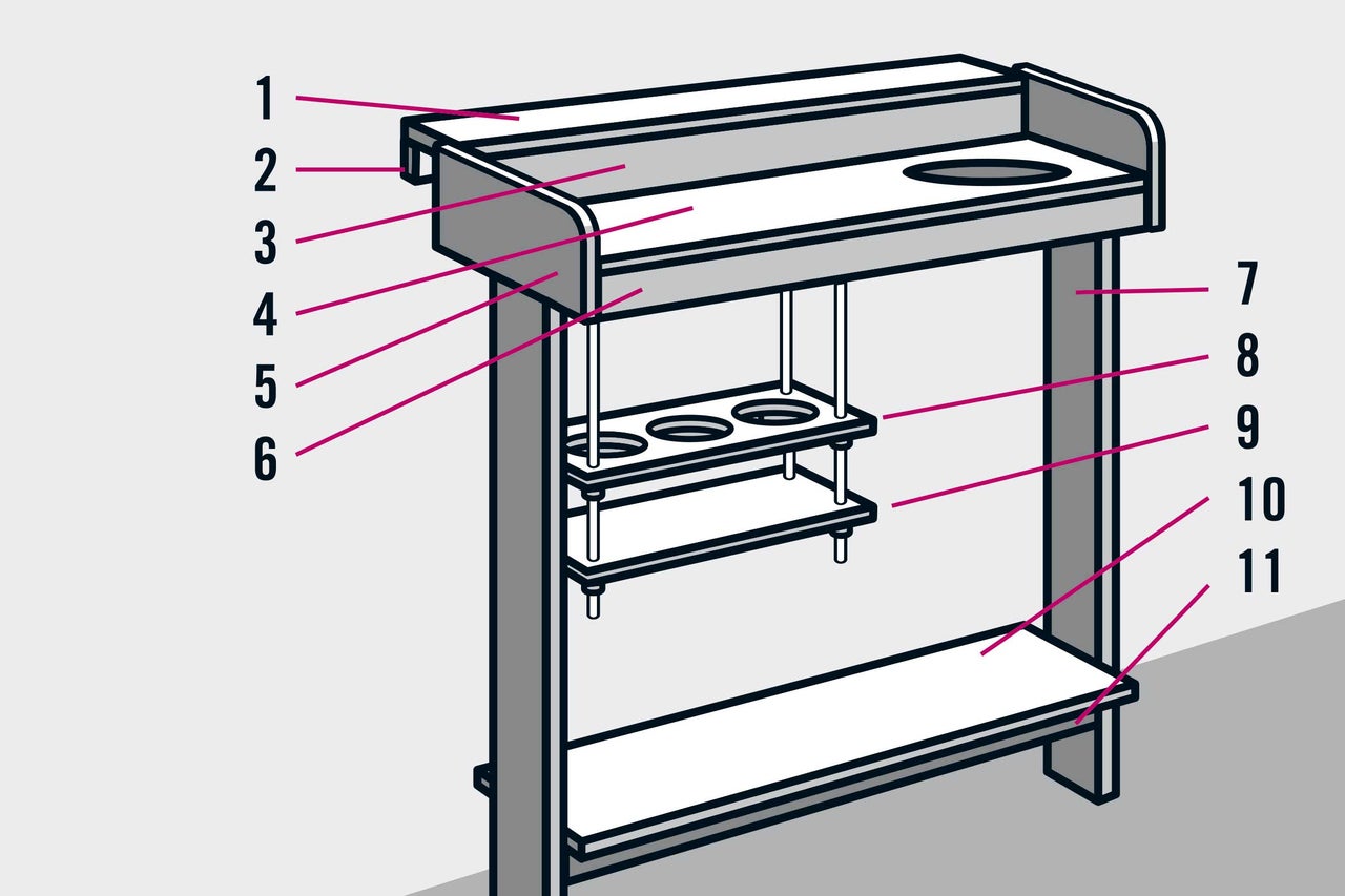 Image d'une table de rempotage avec plusieurs étagères