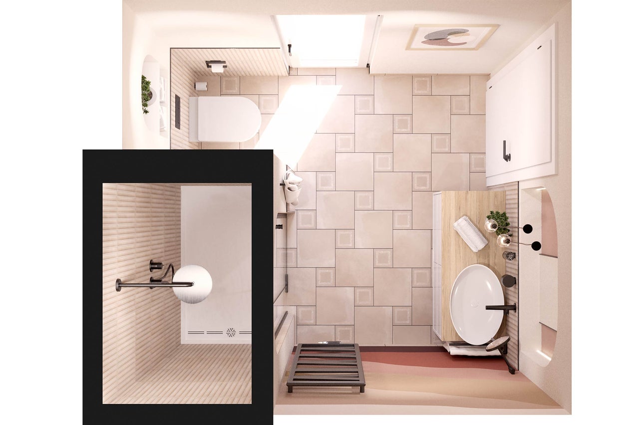 Badezimmer mit Toilette, Waschtisch, Dusche und Heizkörper aus der Vogelperspektive