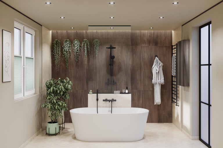 Salle de bains moderne avec baignoire en îlot blanche, robinetterie noire, mur en bois, plantes et douche avec paroi vitrée.
