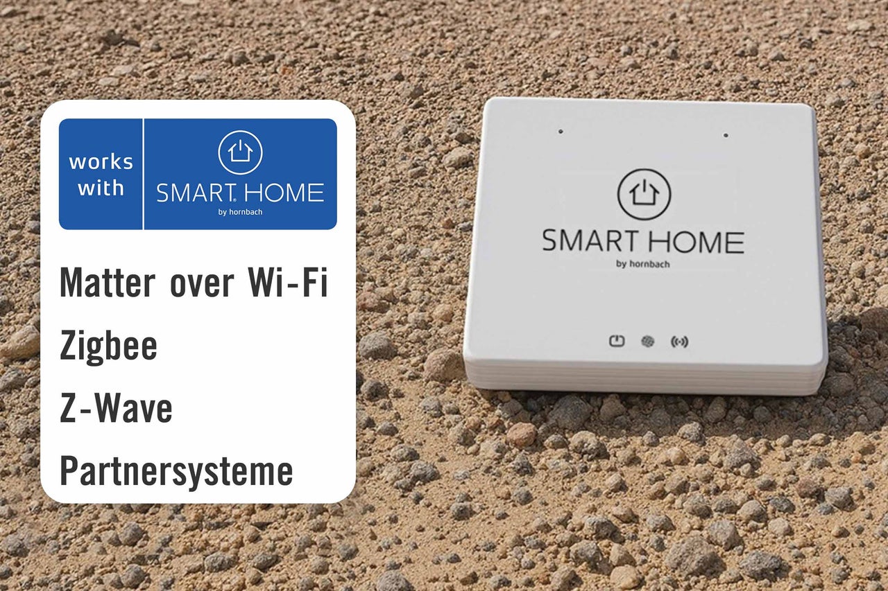 Centrale Hornbach Smart Home avec logos et informations sur le produit