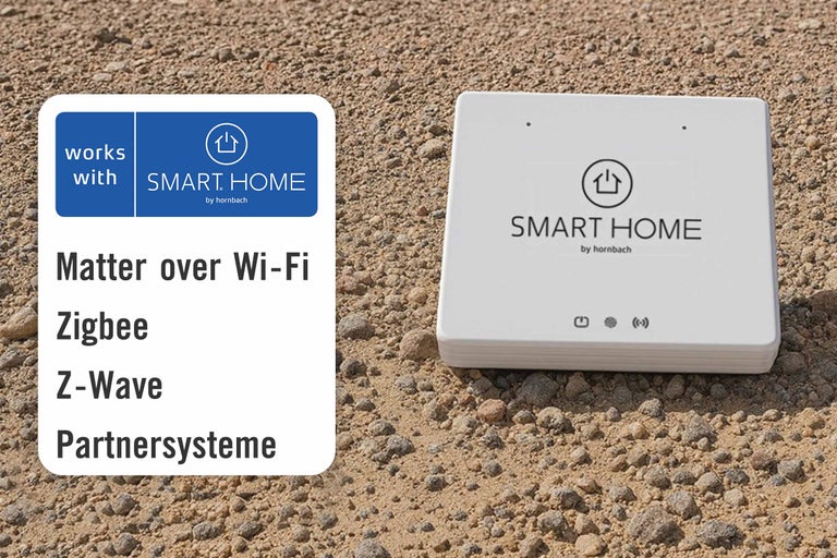 Hornbach Smart Home Zentrale mit Logos und Produktinformationen