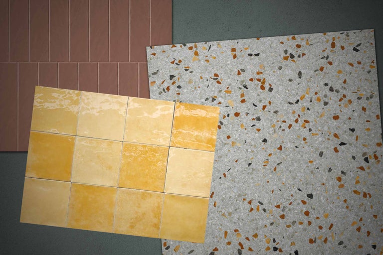 Sélection de carreaux : motif terrazzo, carreaux brillants carrés jaunes et carreaux muraux rectangulaires brun rouge.