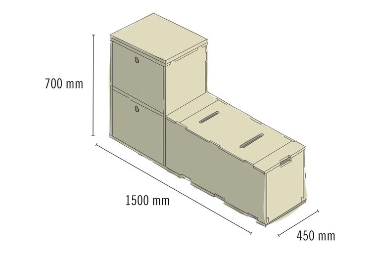 Zeichnung eines Regalsystems mit zwei Schubladen und einer Sitzbank mit den Maßen 700 mm Höhe, 1500 mm Länge und 450 mm Breite